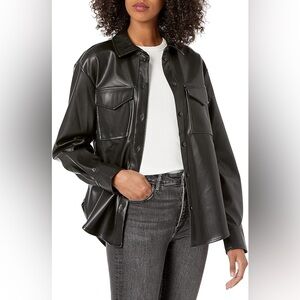 Black Faux Leather Shirt Jacket - Women OVERSIZED